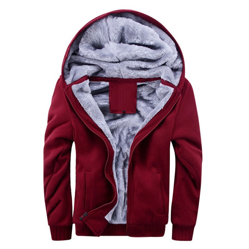 Fleece Sweater Men Casual Sport Fleece Hooded Jackets with soft interior and hood in rich burgundy color.
