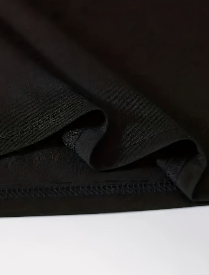 Close-up of the neckline and hem of a Men's Printed Short-sleeved T-shirt in black fabric.