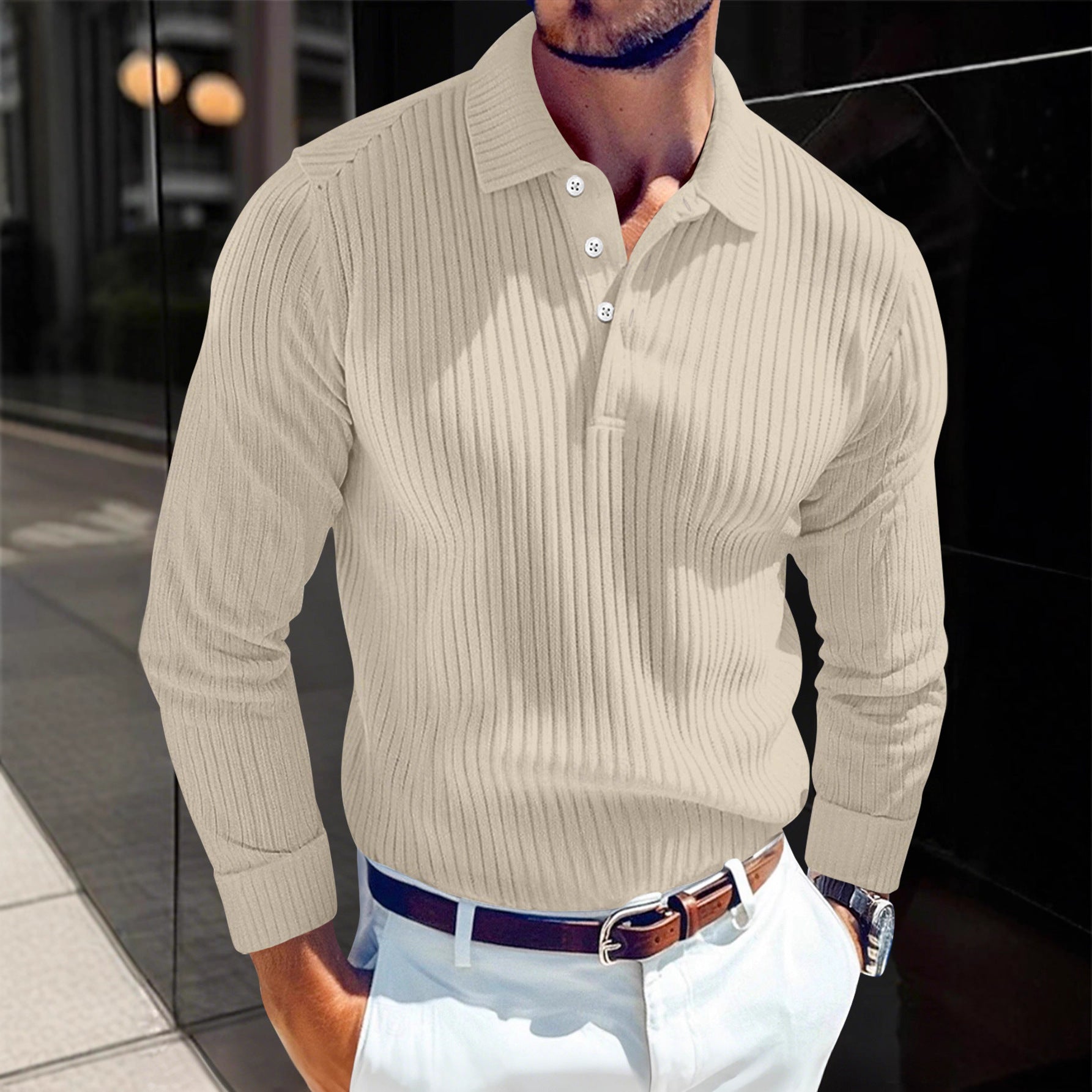 Men's Polo T-shirt With A Turn-down Collar Spring Summer Business Buttoned Long-sleeve Sports Retro Style Striped Polo Shirt For Daily Wear