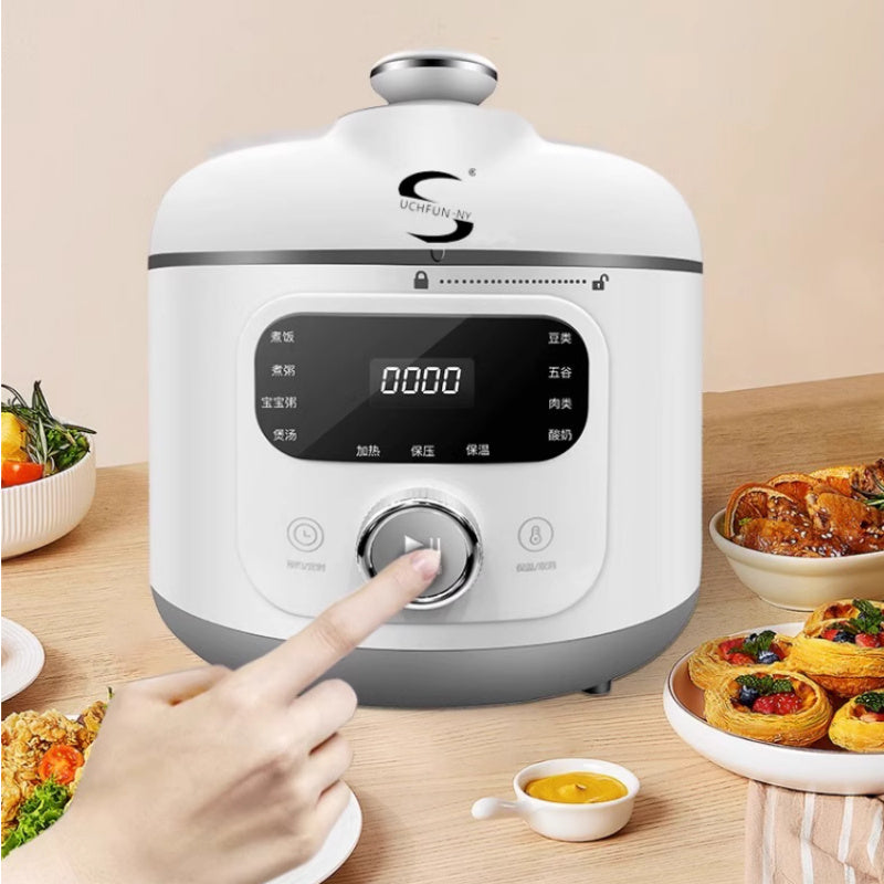 Electric Pressure Cooker Small Household Appliances in a modern kitchen with a hand adjusting settings.