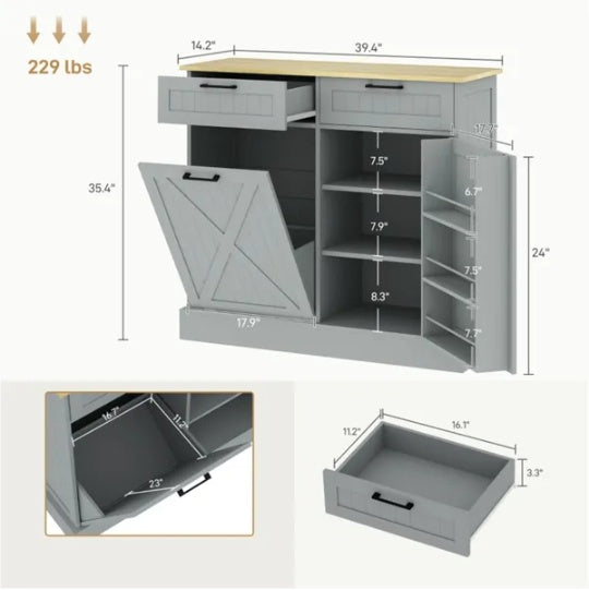 Kitchen Storage Cabinet Kitchen Cabinet with multiple shelves, drawers, and measurements for organized kitchen storage.