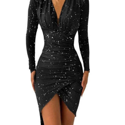 New Printed Slim Dresses For Women with a stylish black design featuring silver speckles