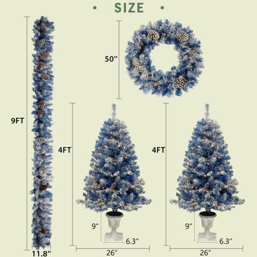 Size guide for Pre-lit Christmas Tree Artificial Christmas and matching decor items including garland and wreath.