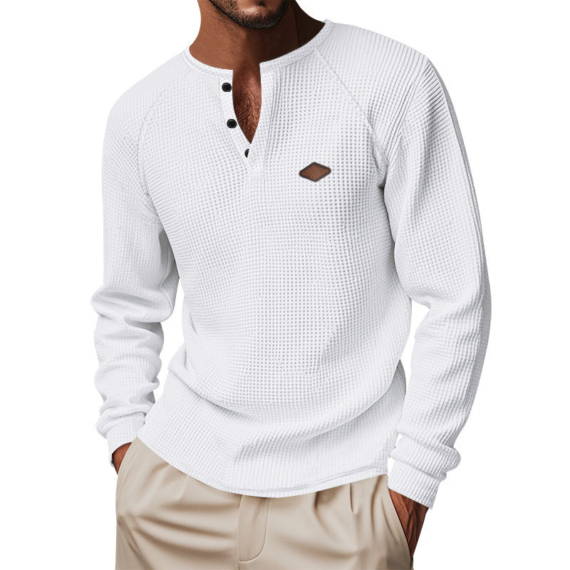 Quick-drying Raglan Henry Long Sleeve in white, featuring a buttoned Henley neckline and breathable fabric for comfort.