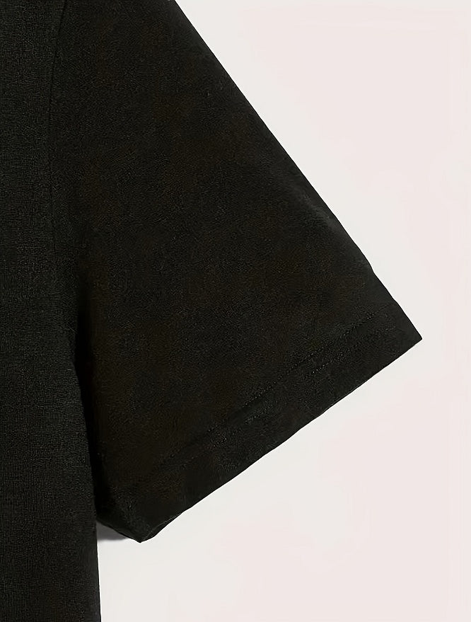 Detail of Men's Printed Short-sleeved T-shirt showing the black fabric and short sleeve design.