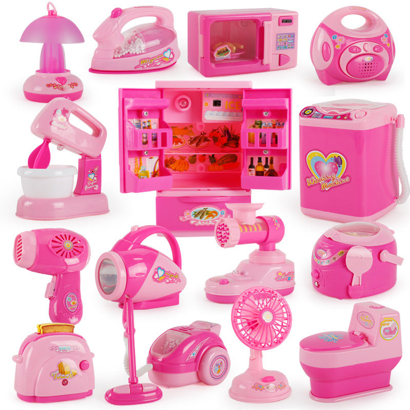 Children's Mini Girl Simulation Play House toy kitchen set with pink appliances and accessories for imaginative play.