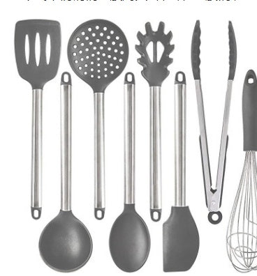 The silicone kitchen utensils and appliances featuring various cooking tools with stainless steel handles.