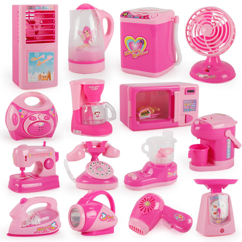 Children's Mini Girl Simulation Play House toy kitchen appliances in pink color, including fridge, microwave, and more.