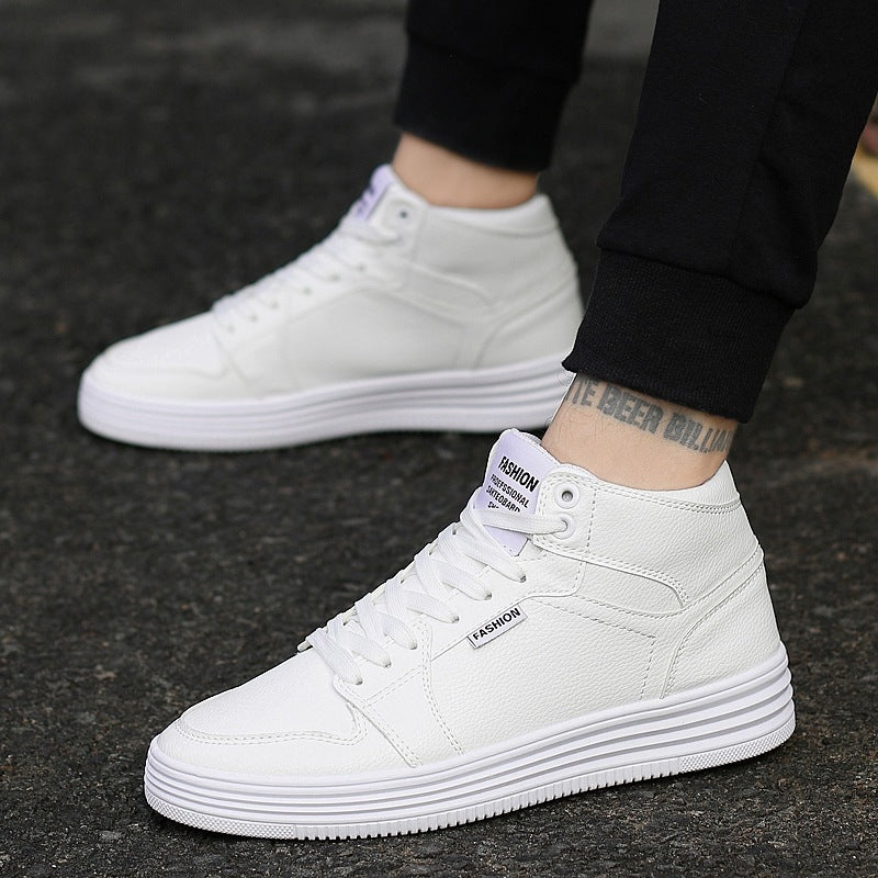 Round Head High-Top Strap Flat White Shoes Men worn by a model on the street, showcasing a trendy casual look.