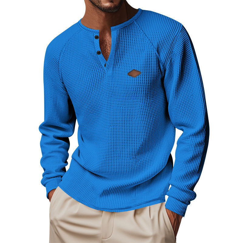 Quick-drying Raglan Henry Long Sleeve in vibrant blue color, showcasing textured fabric and stylish design for men.
