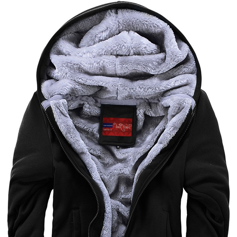 Fleece Sweater Men Casual Sport Fleece Hooded Jackets interior view showing soft gray lining and hood design.