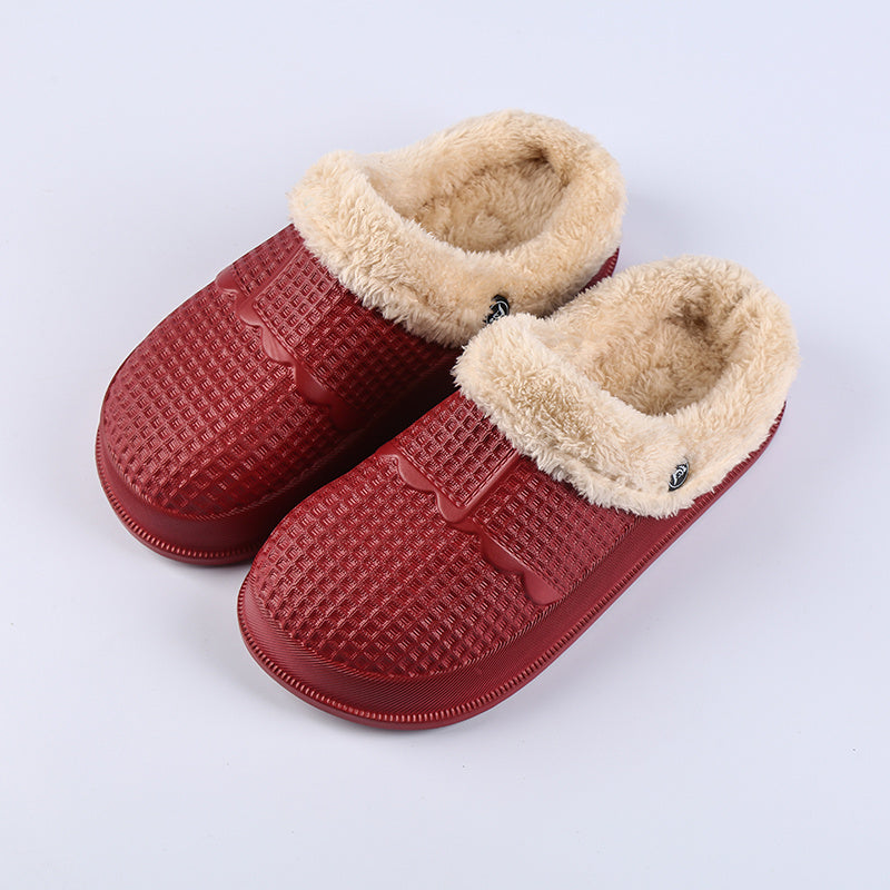 Removable deodorant cotton shoe cover in red with fluffy lining for comfort and odor reduction.