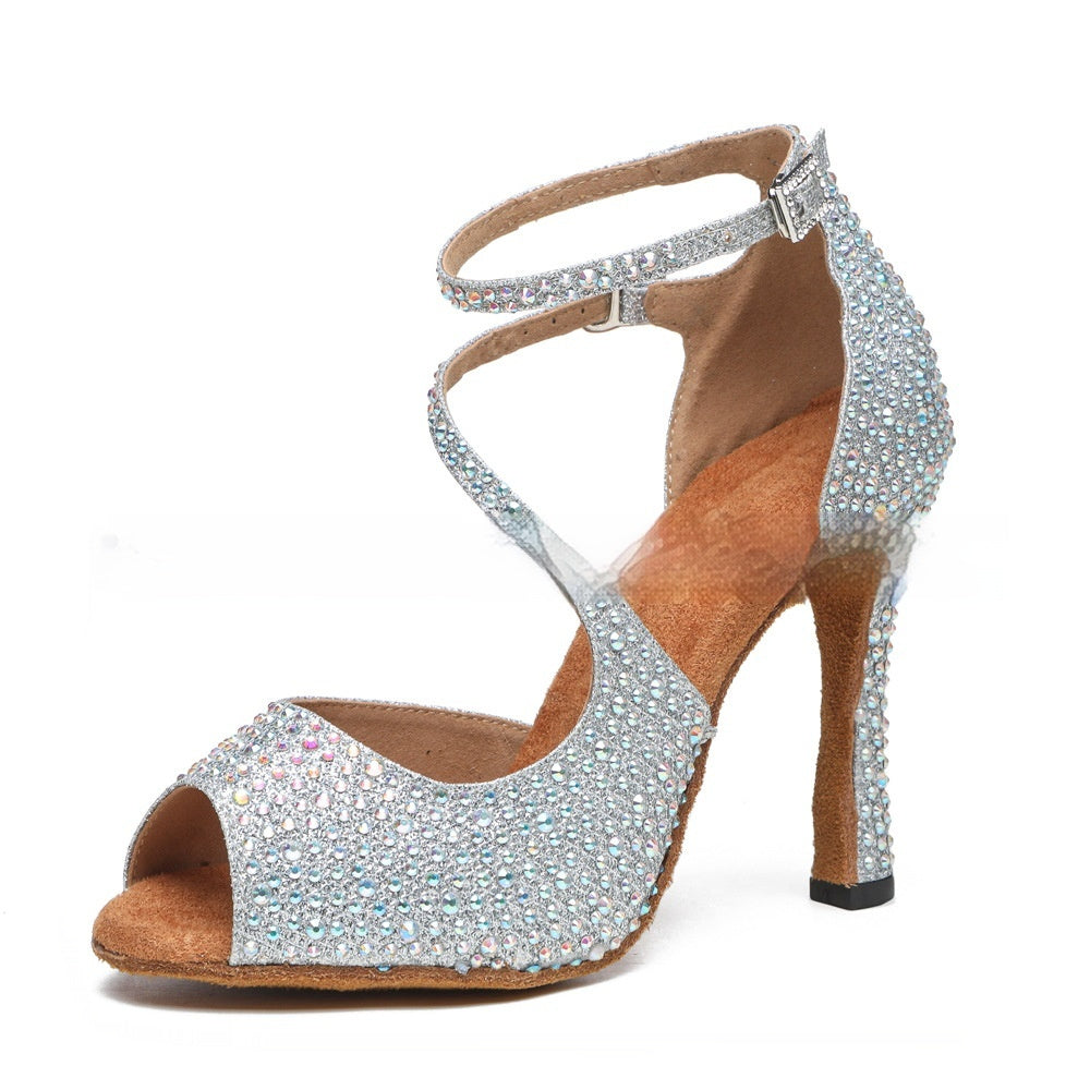 Women's Latin Dance Mid-high Heel Dance featuring sparkling rhinestones and elegant ankle strap design.