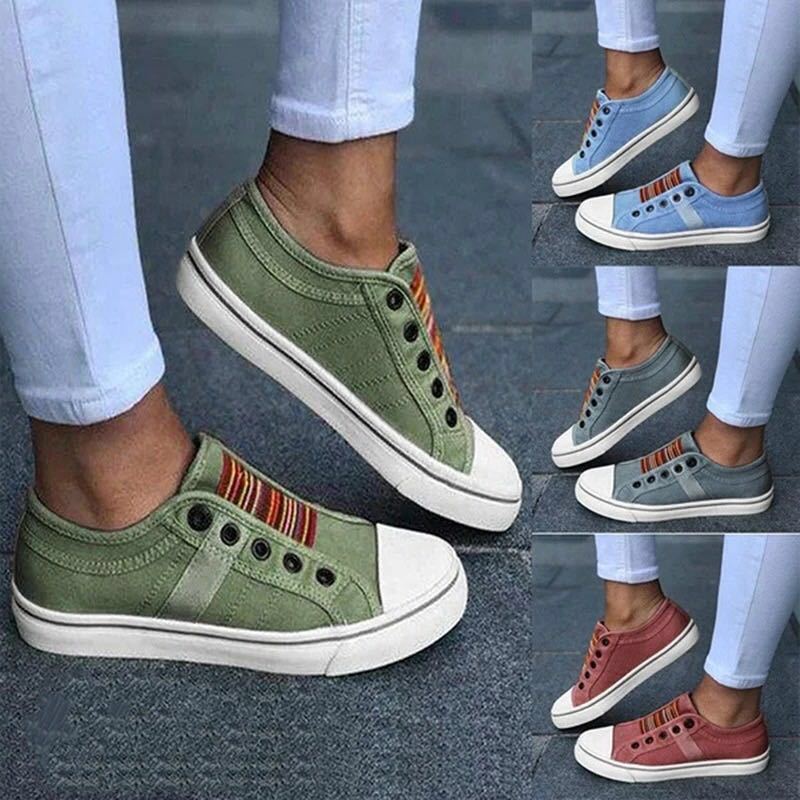 Round head stretch canvas shoe in various colors worn with light jeans, showcasing comfort and style.