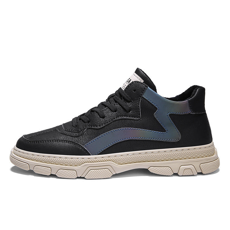 Men Martin boots genuine leather in black and blue color scheme with a stylish design.