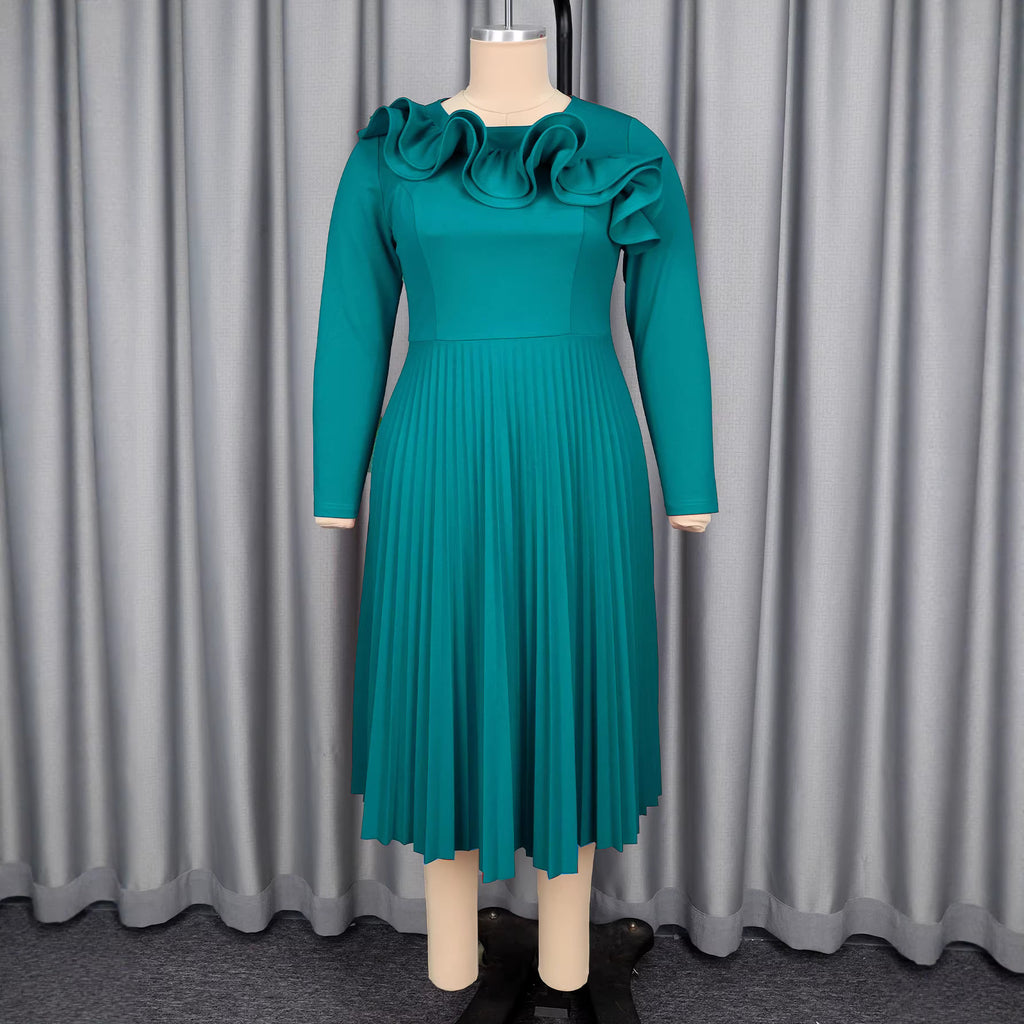 Lotus-leaf Collar Long-sleeve Crew-neck Elegant Dress