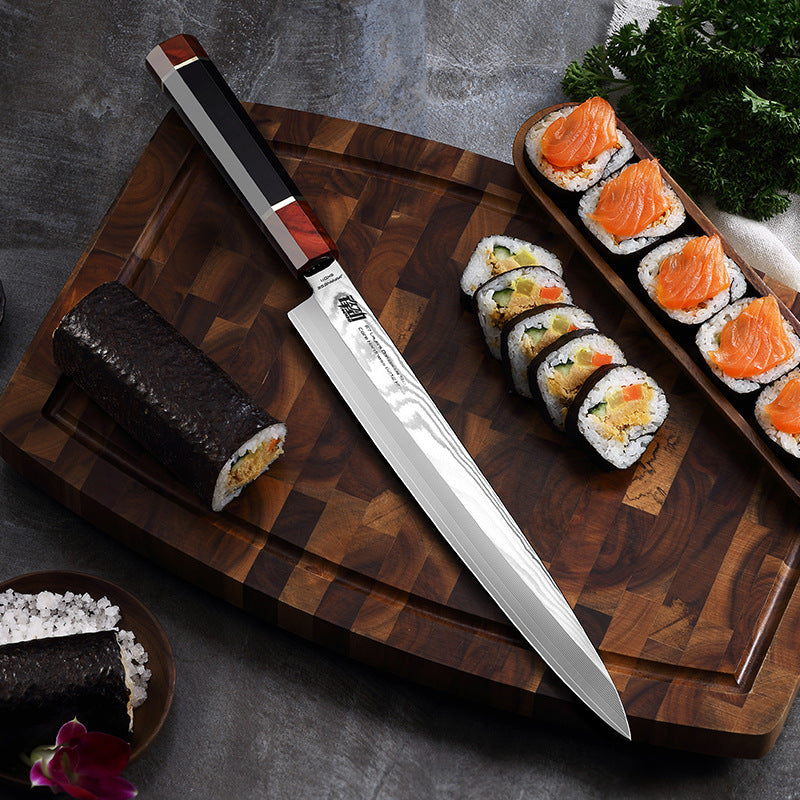 Damascus Kitchen Knife Western Cooking Knife on a wooden cutting board with sushi and seaweed.