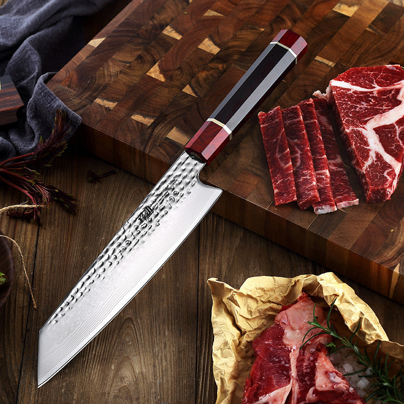 Damascus Kitchen Knife Western Cooking Knife on wooden cutting board with sliced meat.