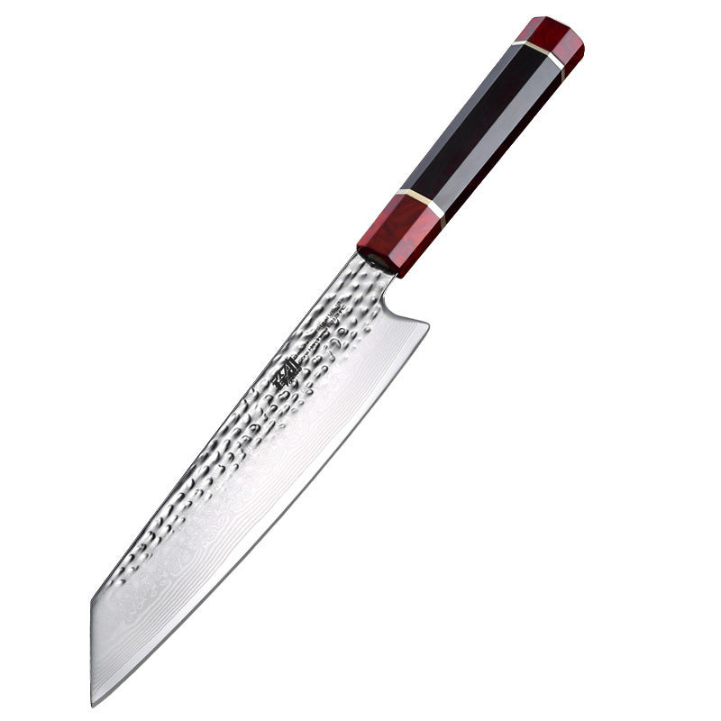 Damascus Kitchen Knife Western Cooking Knife with a stunning red handle and a beautifully patterned blade.