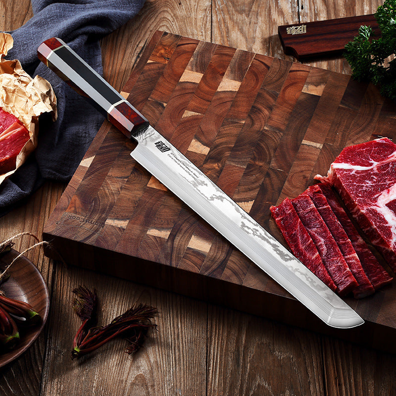 Damascus Kitchen Knife Western Cooking Knife displayed on a wooden cutting board with sliced meat.