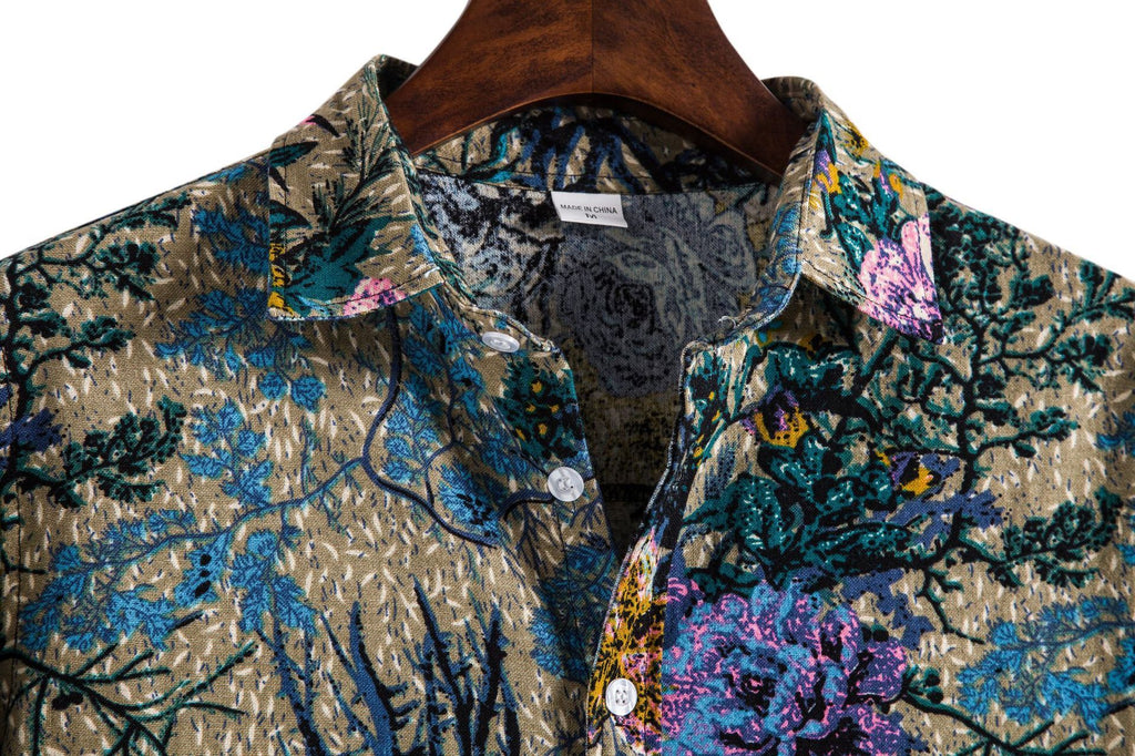 Printing Long Sleeve Shirt Men's Lapel Shirt with colorful floral pattern and lapel collar detail.