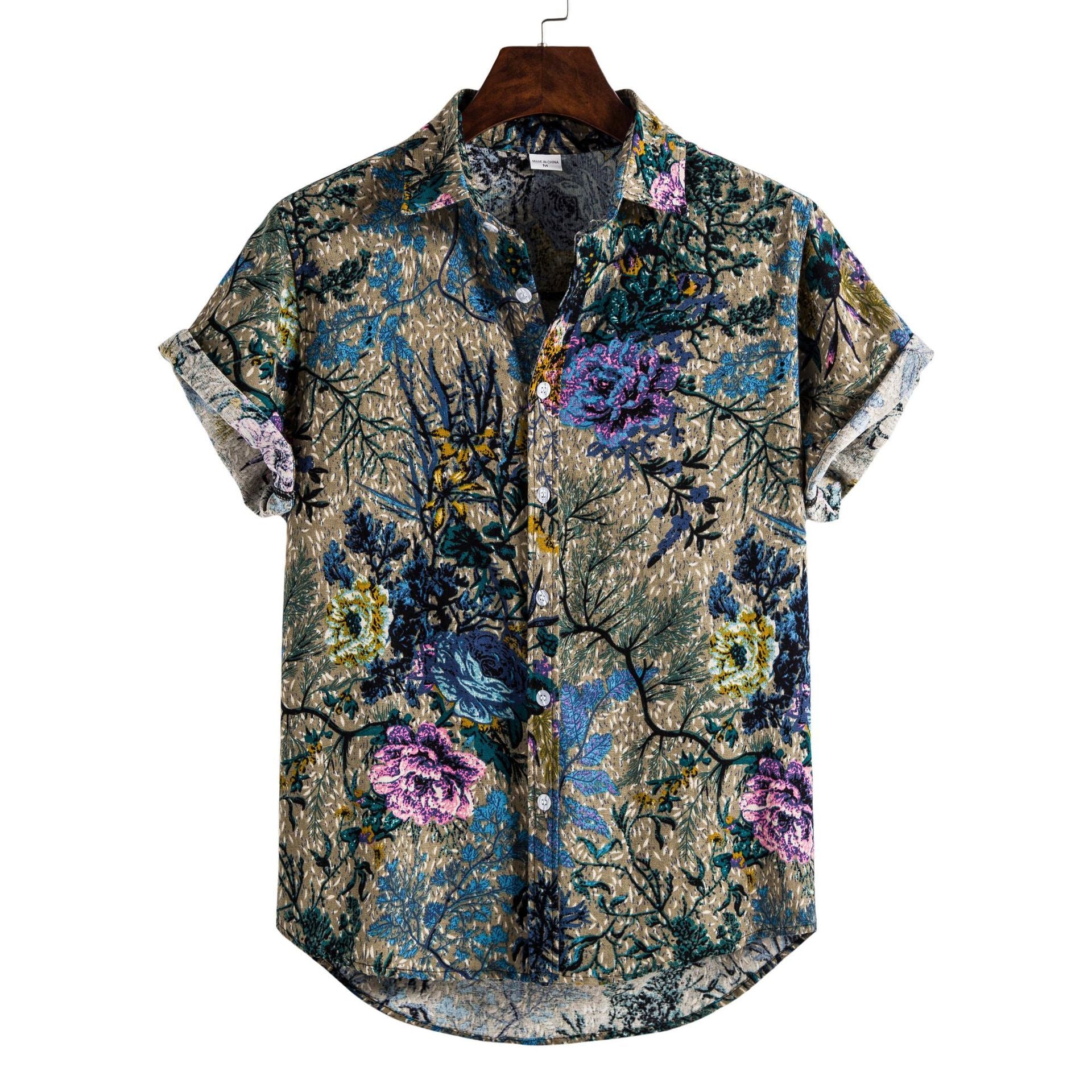 Printing Long Sleeve Shirt Men's Lapel Shirt featuring a vibrant floral print design.