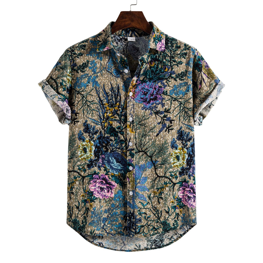 Printing Long Sleeve Shirt Men's Lapel Shirt with colorful floral print design for stylish casual wear.