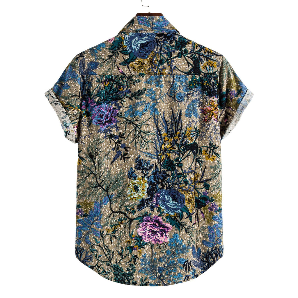 Printing Long Sleeve Shirt Men's Lapel Shirt with floral print design, back view showcasing vibrant colors and details.