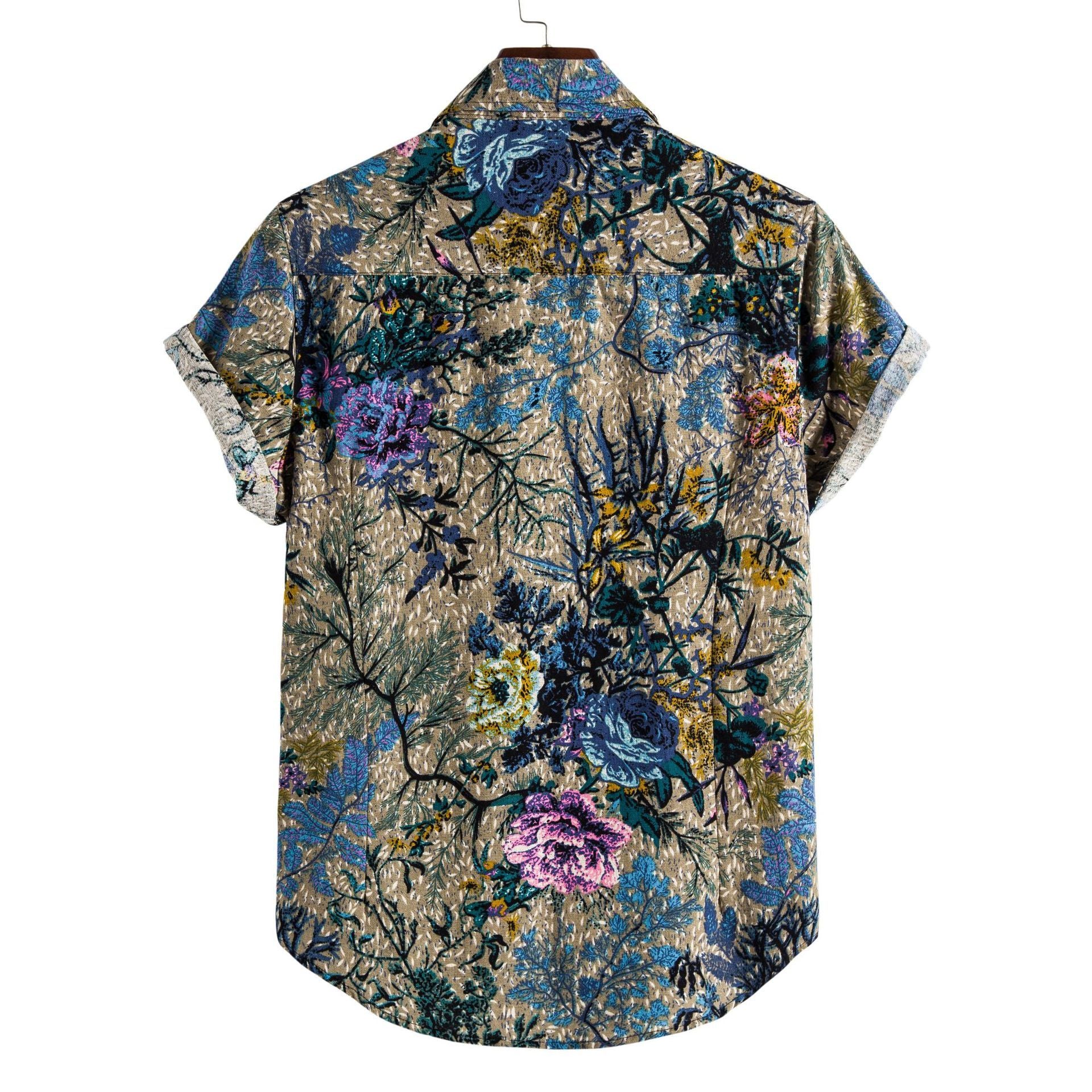 Printing Long Sleeve Shirt Men's Lapel Shirt with floral print design, back view showcasing vibrant colors and details.