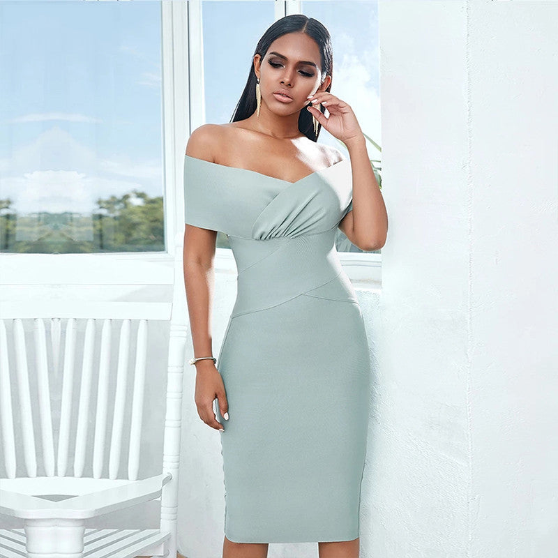 Bandage Dress Women Off Shoulder Midi Club Party Dresses in elegant light green, perfect for stylish events.