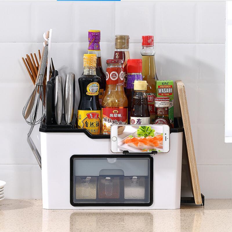 Douyin The Same Household Kitchen supplies organizer with sauces, utensils, and a phone holder for easy cooking.