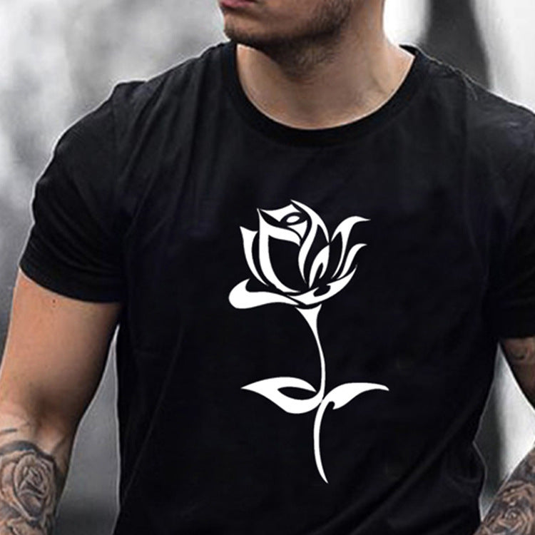 American Fashion Brand Men S Rose Print T Shirt displayed on a model, featuring a stylish white rose design.