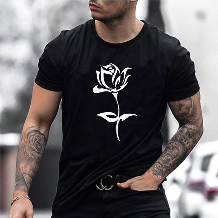 American Fashion Brand Men S Rose Print T Shirt worn by a man with tattoos in an urban setting.