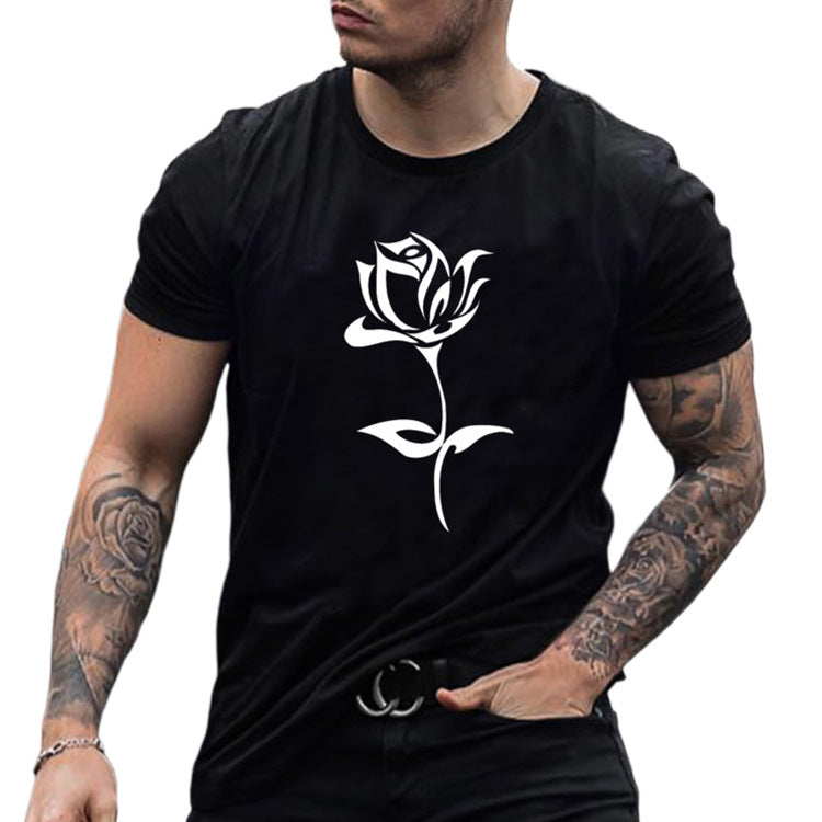 American Fashion Brand Men S Rose Print T Shirt worn by a model showcasing its stylish rose graphic design.