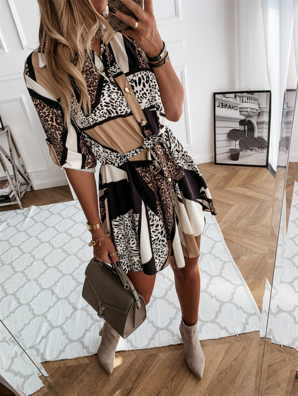 Women Dresses Fashion Ladies Casual Dress in stylish print worn with chic accessories in modern interior setting.