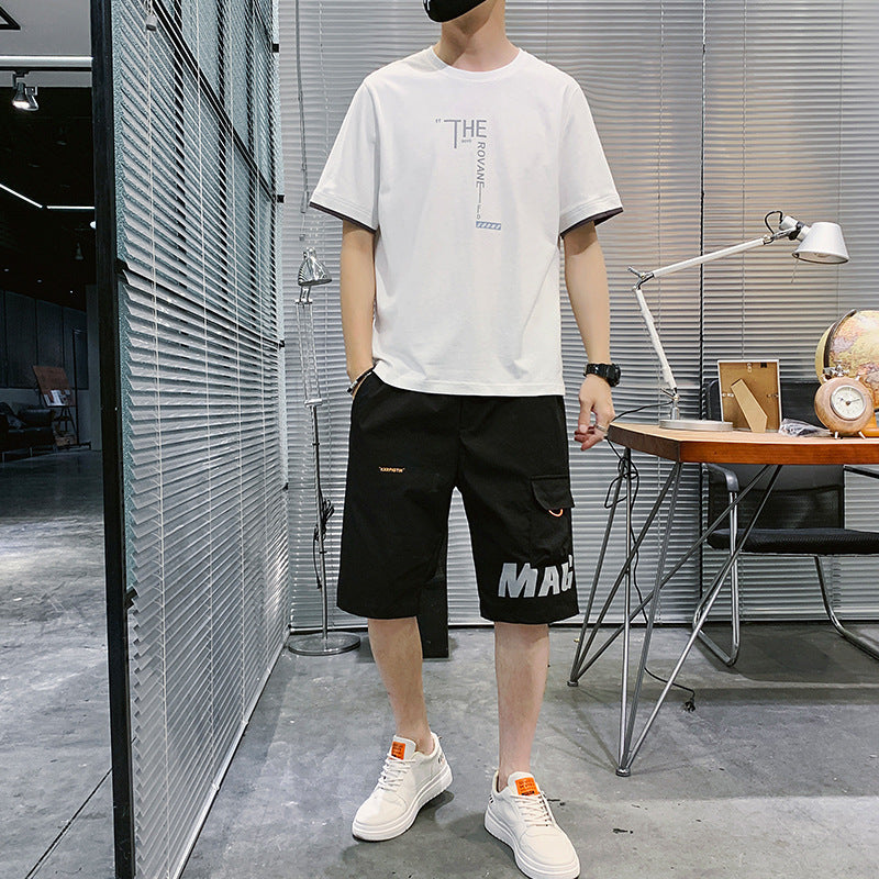 Casual Summer New Men's Hip-hop collection featuring a stylish white t-shirt and black shorts for a relaxed look.