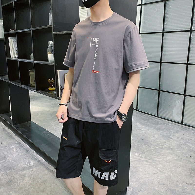 Casual Summer New Men's Hip-hop: stylish gray t-shirt and black shorts outfit for warm weather.