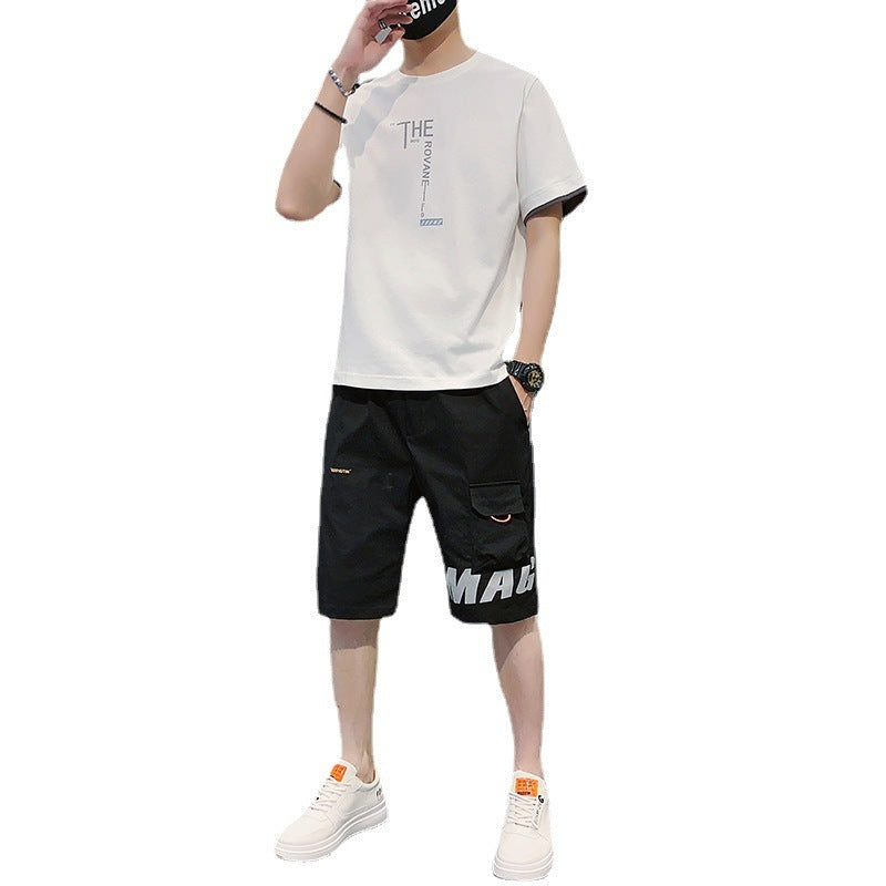 Casual Summer New Men's Hip-hop outfit featuring a white t-shirt and black cargo shorts perfect for urban style.
