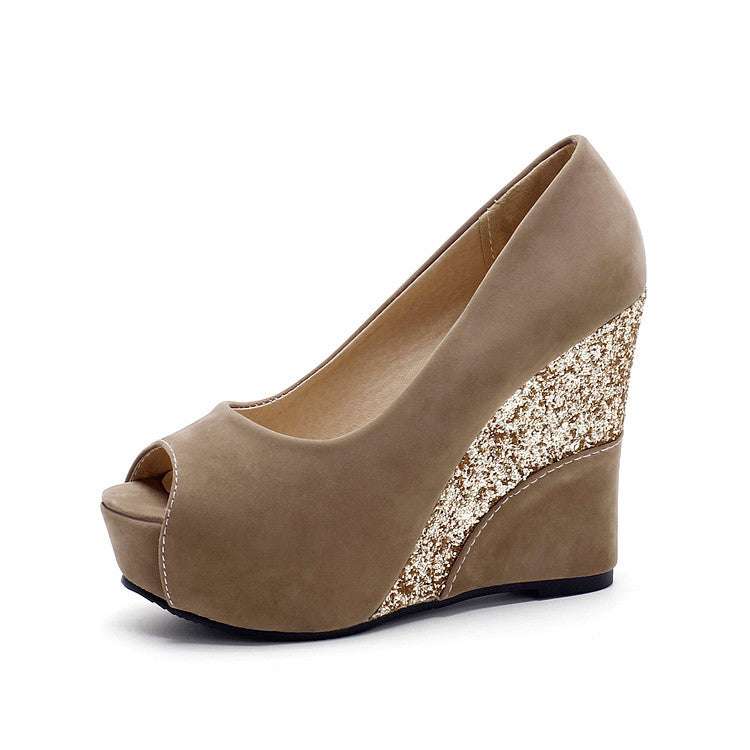 Women Spring Style Platform Wedge Daily Pumps Shoes in beige with glitter wedge design, ideal for spring outings and casual wear.