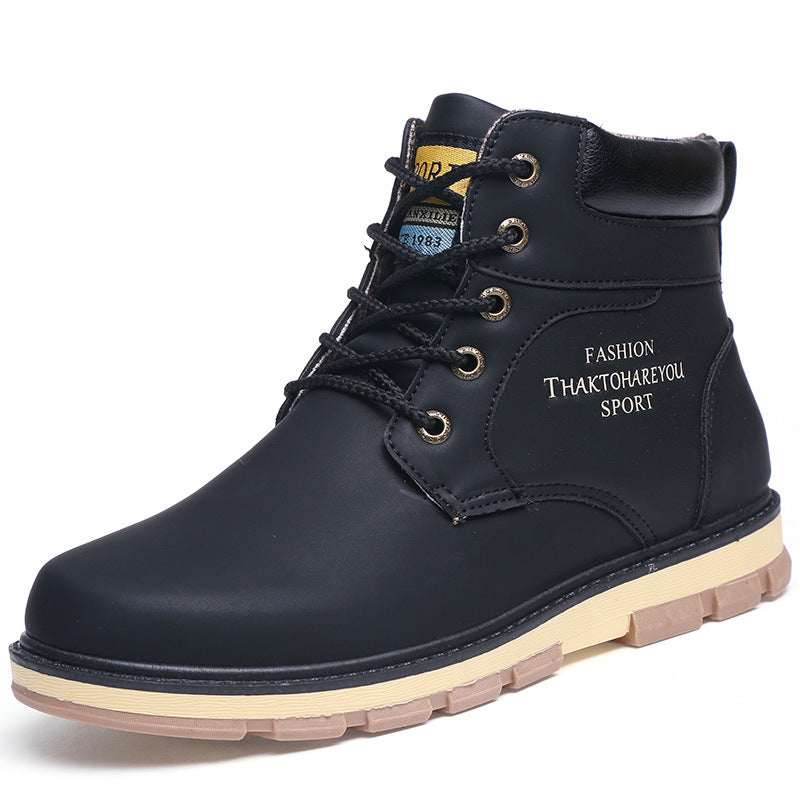 Plush warm work clothes Martin boots in sleek black design with durable sole and stylish branding.