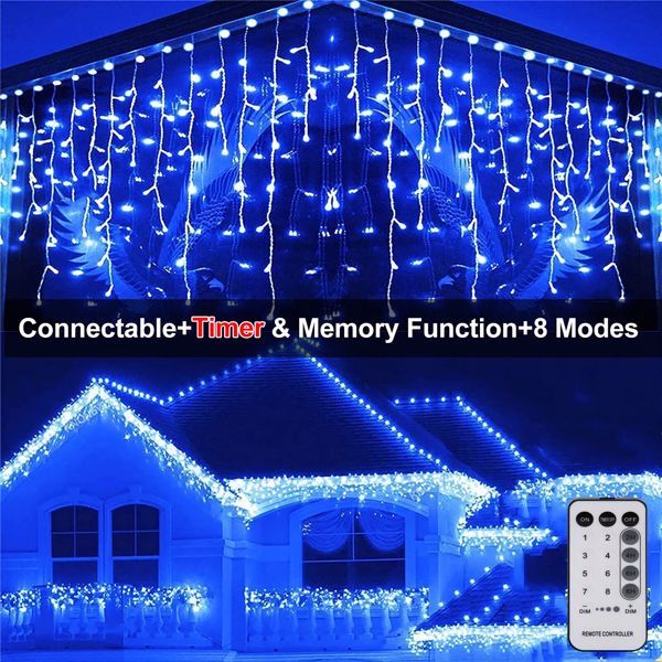 Ice Bar Light 96 US Standard Blue illuminating a house with blue fairy lights, featuring remote control and timer functionality.