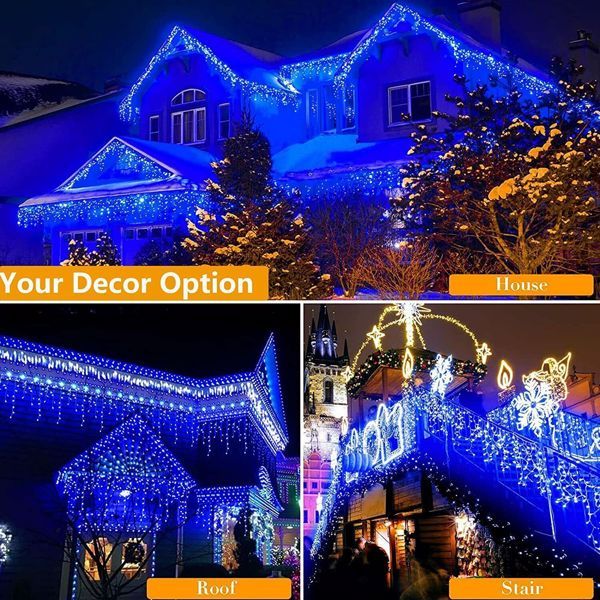 Ice Bar Light 96 US Standard Blue illuminating a house, roof, and stair with vibrant blue lights for festive decor.