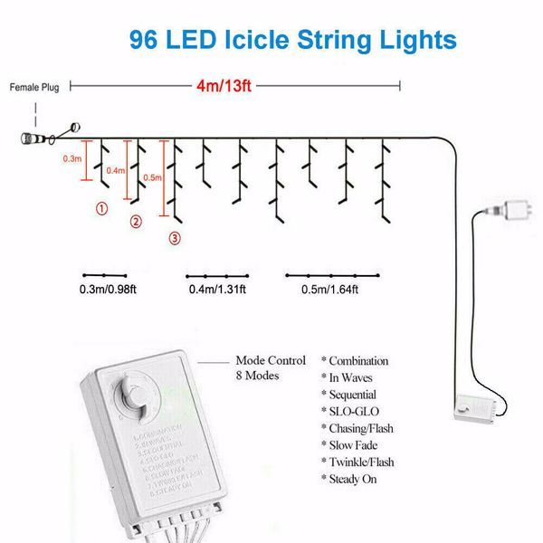Ice Bar Light 96 US Standard Blue diagram of 96 LED icicle string lights with mode control options.