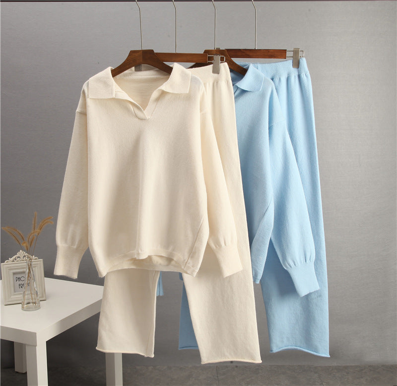 European And American-style Solid-color Lapel Sweater Set For Women, FallWinter