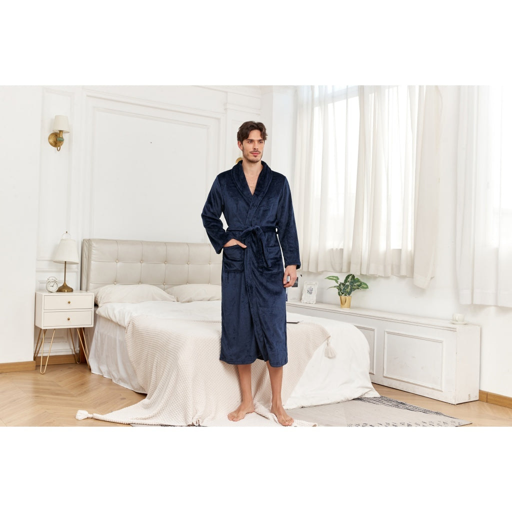 Men's Plush Long Robe Soft And Warm Bathrobe worn by a man standing in a cozy bedroom.