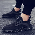 Fly weave running breathable mesh shoes in black with sporty design and comfortable fit.