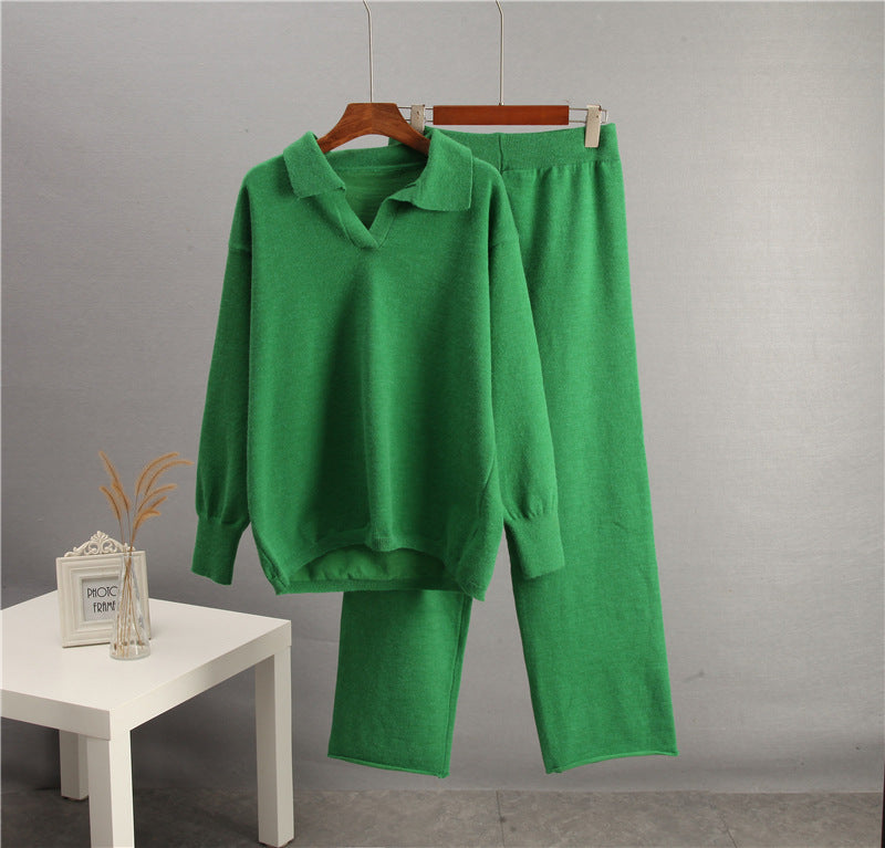 European And American-style Solid-color Lapel Sweater Set For Women, FallWinter