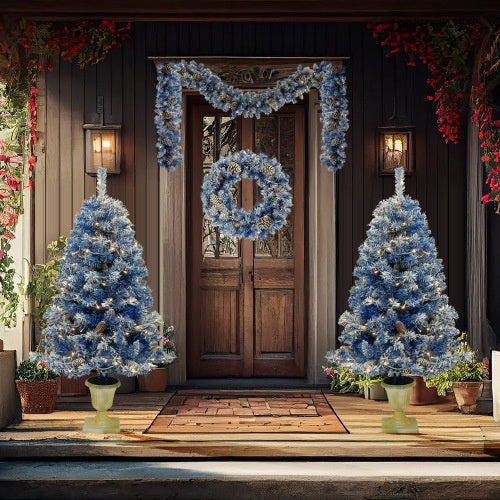 Pre-lit Christmas Tree Artificial Christmas displayed at a festive front entrance with holiday decorations and wreath.