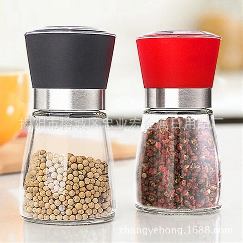 Creative kitchen appliances hand glass grinder with pepper mill in black and red color.