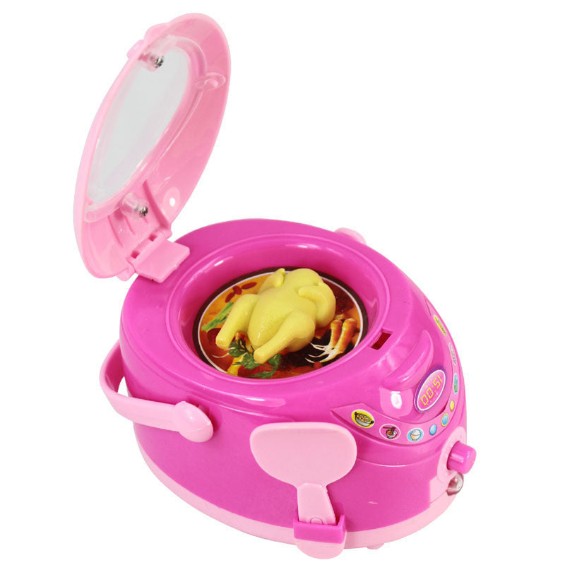 Children's Mini Girl Simulation Play House toy kitchen set featuring a pink cooking pot with lid and a toy chicken inside.